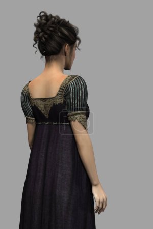 Rear view digital render of a pretty young woman with dark hair wearing Regency style blue dress. The figure is isolated against a grey backdrop.