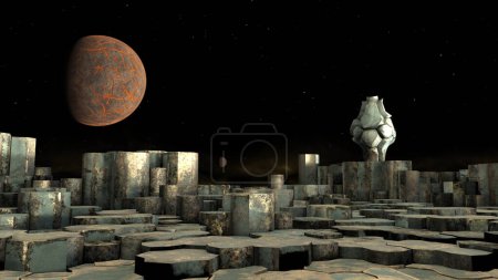 Téléchargez les photos : 3D rendering of an alien planet surface and space with planet and moon. Ideal image for backgrounds. - en image libre de droit