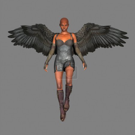 Female black angel levitating or flying.