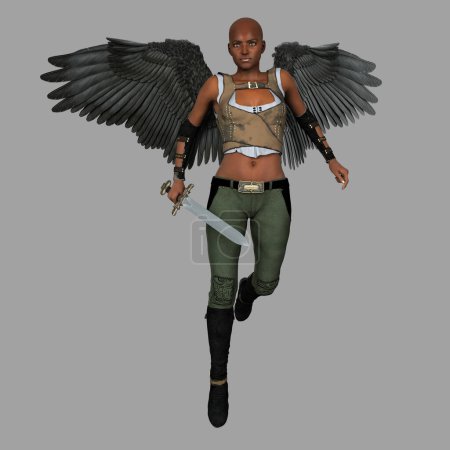 Female black angel carrying a sword and flying or levitating