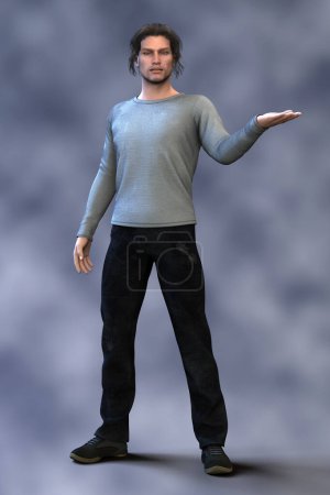 Téléchargez les photos : Un bel homme en 3D vêtu d'un tee-shirt à manches longues et d'un jean debout le bras gauche tendu dans une pose de mage ou de magicien - en image libre de droit