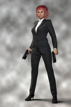 Photo for 3D render of a beautiful woman detective, spy or assassin holding two guns and wearing a black suit. - Royalty Free Image