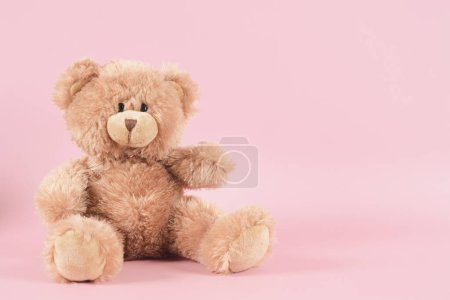 Photo for Brown teddy bear sitting on pastel pink background. Front view. - Royalty Free Image