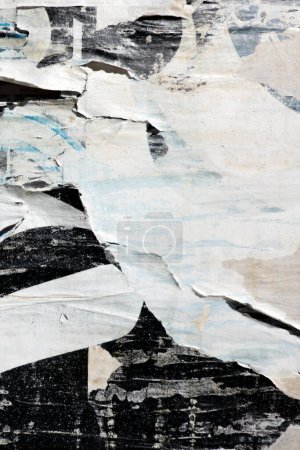 Photo for Old grunge torn collage urban street posters creased crumpled paper placard texture background. Ripped faded paper backdrop surface placard. - Royalty Free Image