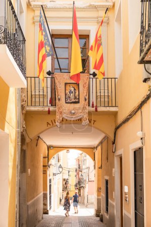 Photo for Villajoyosa, Spain - May 09, 2023: View to La Vila Joiosa old town with narrow streets and City Hall. Villajoyosa, Alicante province, Valencian Community. - Royalty Free Image