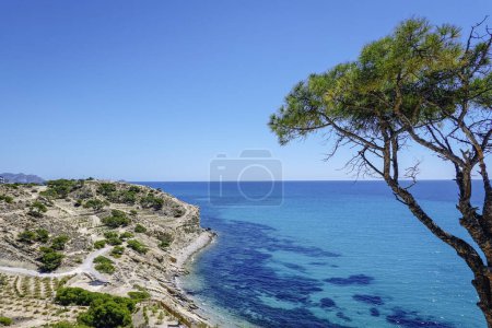 Photo for VILLAJOYOSA, ALICANTE, SPAIN, SEPTEMBER,8,2022: Panoramic view of the coast at the Caleta de Villajoyosa beach with some white buildings in the background on the cliffs on a sunny day. - Royalty Free Image