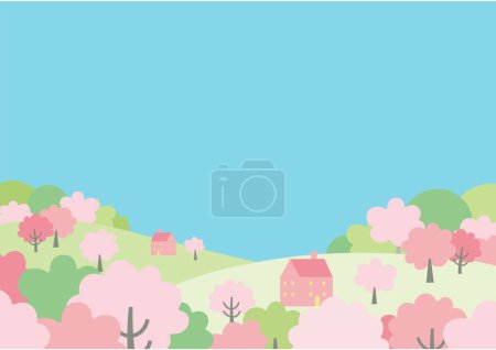 Téléchargez les illustrations : Illustration d'un paysage urbain printanier avec des fleurs de cerisier - en licence libre de droit