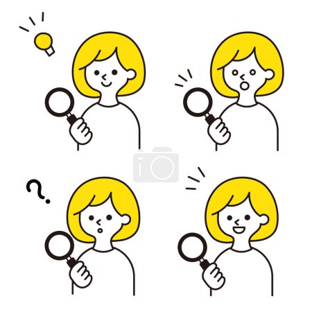 Clip art expression set of woman with magnifying glass
