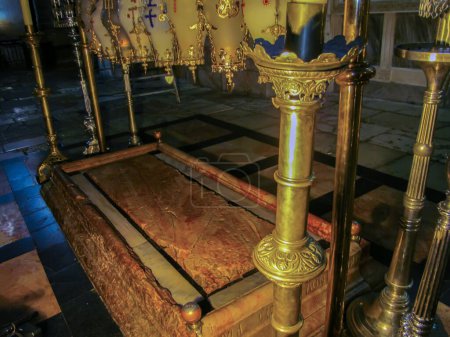 JERUSALIM, Israel, May 13, 2015: Details of the Church of the Holy Sepulcher in the Holy Land. Stone of Anointing. Shrine of the Christian religion   