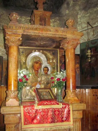 Interior fragment of the Church of the Sepulchre of Saint Mary in the Kidron Valley  at the foot of the Mount of Olives in Jerusalem Israel. The miraculous icon of the Virgin of Jerusalem