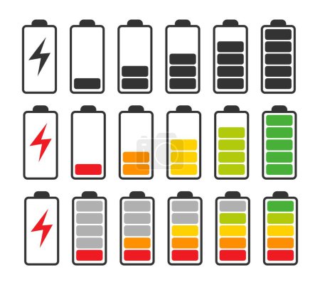 Ilustración de Vector batería recarga símbolo conjunto aislado sobre fondo blanco. símbolos de suministro de energía. iconos del acumulador de energía eléctrica, niveles de batería completos y bajos - Imagen libre de derechos