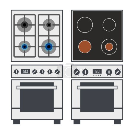 vector set of kitchen gas and electric cookers isolated on white background. hob gas and electric cooker icons