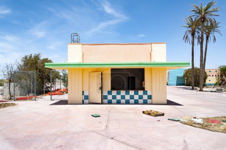 Abandoned concession stand at a defunct theme park in the Mojave desert near Barstow California