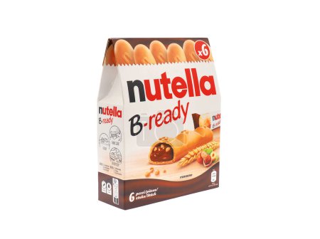 Photo for ROME, ITALY - DECEMBER 16, 2023. Nutella B-ready 6 pack isolated on white background. Ferrero SpA is an Italian manufacturer of branded chocolate and confectionery products. - Royalty Free Image