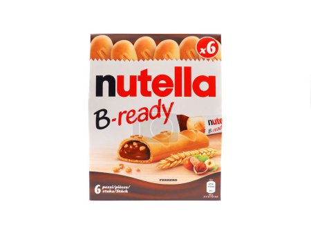 Photo for ROME, ITALY - DECEMBER 16, 2023. Nutella B-ready 6 pack isolated on white background. Ferrero SpA is an Italian manufacturer of branded chocolate and confectionery products. - Royalty Free Image