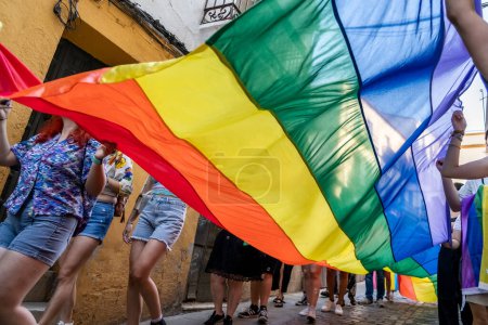 Téléchargez les photos : Les gens manifestent le jour de la fierté avec le drapeau de fierté - en image libre de droit
