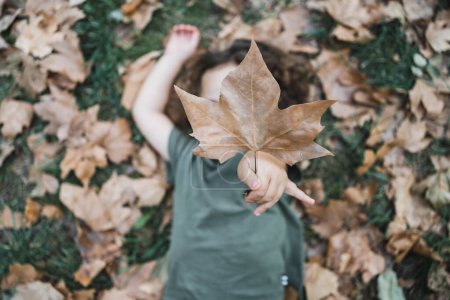 Photo for Happy child playing and showing dry leaf of tree - Royalty Free Image