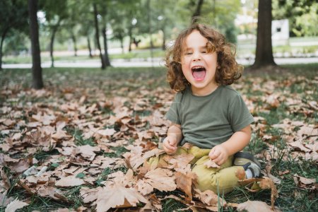 Foto de Retrato de niño feliz jugando en la hierba con hojas secas en un parque en un día soleado mirando a la cámara - Imagen libre de derechos