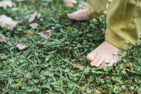 portrait of barefoot child feet on green grass with brown dry leaves