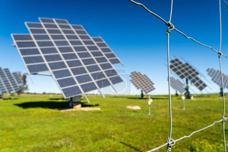 Foto de Conjunto de paneles solares móviles en la producción de energía eléctrica fotovoltaica parque solar sobre prado verde en día soleado brillante - Imagen libre de derechos