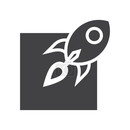 Téléchargez les illustrations : Lancement du vaisseau spatial fusée hors de la boîte carrée, espace, expédition rapide, vecteur de logo de livraison icône noire solide. - en licence libre de droit