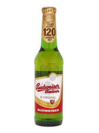 Foto de BUCHAREST, RUMANIA - 4 de agosto de 2019. Botella de cerveza Budweiser Budvar - Imagen libre de derechos