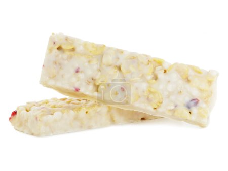 Yogurt cereal bars with cranberries and raspberries isolated on white
