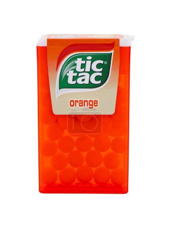 Photo for BUCHAREST, ROMANIA - APRIL 1, 2019. Tic Tac Orange isolated on white. Tic Tac is a brand of small, hard mints - Royalty Free Image