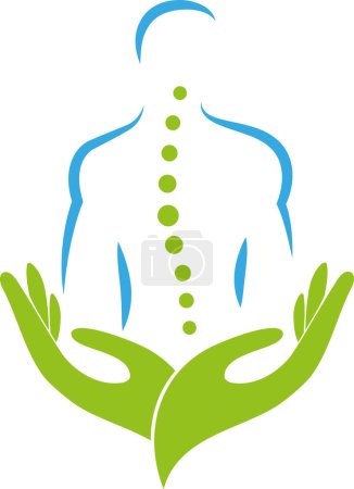 Ilustración de Persona y manos, columna vertebral, quiropráctico, ortopédico, masaje, logotipo, fondo - Imagen libre de derechos