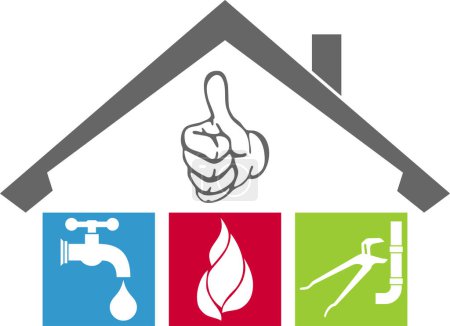 Téléchargez les illustrations : Maison, robinet, clé à tuyau, flamme, plombier et installateur Logo Arrière-plan - en licence libre de droit