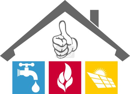 Ilustración de Casa, grifo, llama, solar, fontanero, instalador, logotipo, fondo - Imagen libre de derechos