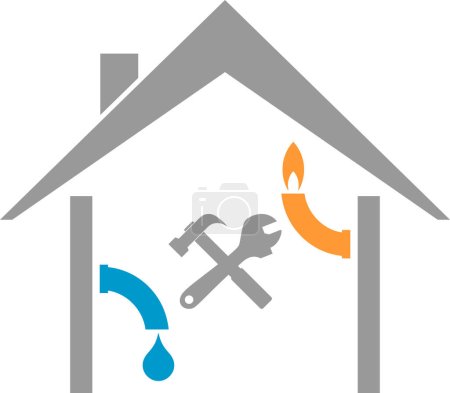 Photo for House, solar, tools, water drops and flame, janitor and plumber logo - Royalty Free Image
