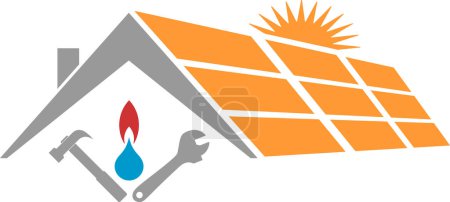 Téléchargez les illustrations : Logo maison, solaire, gouttes d'eau et flamme, environnement et énergie - en licence libre de droit