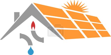 Ilustración de Casa, solar, gotas de agua y llama, el medio ambiente y el logotipo de energía - Imagen libre de derechos