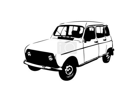 Oldtimer im Zugmodus. Illustration des Oldtimers in Schwarz-Weiß-Illustration als Skizzenmodell. Langsame Straßenfahrt in einem rustikalen Auto. Vektorformat-Grafik eines gut erhaltenen alten Fahrzeugs auf weißem Hintergrund.