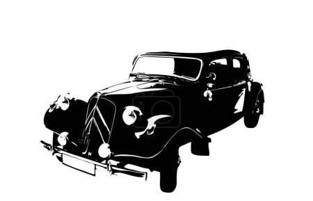 Old timer car in draft mode. Illustration of the vintage car in black and white illustration as sketch model. Slow street ride in a rustic car. Vector format graphic of well preserved old vehicle on white background.