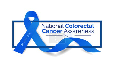 Colorectal Cancer awareness month is March. Banner, poster, card, background design with blue ribbon and text. Vector illustration.