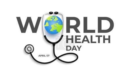 Vector Illustration of World health day concept text design world map with doctor stethoscope. Banner poster, flyer and background design.