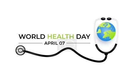 Vector Ilustración del diseño del texto del concepto del Día Mundial de la Salud mapa del mundo con estetoscopio médico. Póster de pancarta, volante y diseño de fondo.