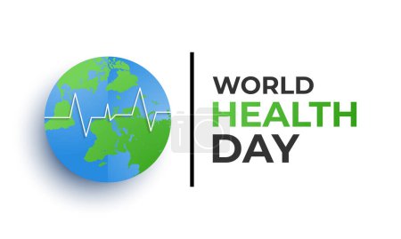 Vector Ilustración del diseño del texto del concepto del Día Mundial de la Salud mapa del mundo con estetoscopio médico. Póster de pancarta, volante y diseño de fondo.