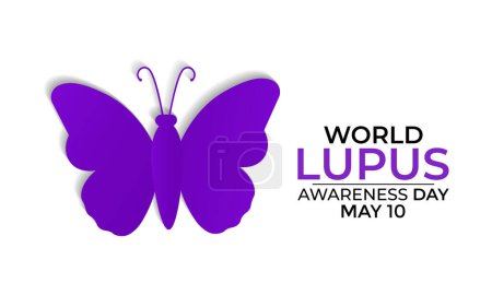 Der Welt-Lupus-Tag am 10. Mai mit violettem Band auf dem Hintergrund einer Weltkarte. Plakat, Flyer und Hintergrunddesign. Vektorillustration.