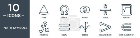 math symbols outline icon set includes thin line cone, omega, merge, divide, square, function, equal icons for report, presentation, diagram, web design
