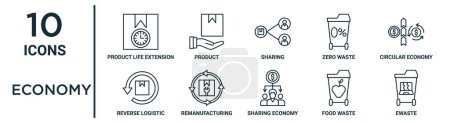 economy outline icon set such as thin line product life extension, sharing, circular economy, remanufacturing, food waste, ewaste, reverse logistic icons for report, presentation, diagram, web