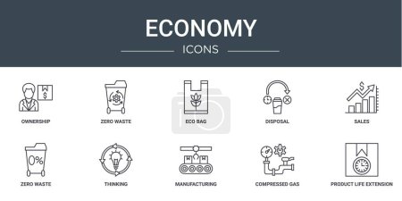 set of 10 outline web economy icons such as ownership, zero waste, eco bag, disposal, sales, zero waste, thinking vector icons for report, presentation, diagram, web design, mobile app