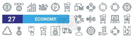 Satz von 27 Umrissen Web-Economy-Symbole wie Wiederaufbereitung,, Vertrieb, Ressource, Kreislaufwirtschaft, grüne Wirtschaft, Ecodes, recyclebare Vektor-Thin-Line-Symbole für Webdesign, mobile App.