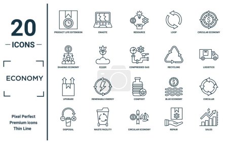 Wirtschaft linearen Symbolsatz. beinhaltet die Verlängerung der Produktlebensdauer, Sharing Economy, Upgrade, Entsorgung, Verkauf, Druckgas, Kreissymbole für Bericht, Präsentation, Diagramm, Webdesign