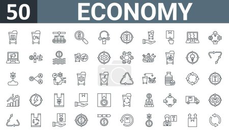 set of 50 outline web economy icons such as ewaste, zero waste, manufacturing, sourcing, disposal, remanufacturing, responsible vector thin icons for report, presentation, diagram, web design,