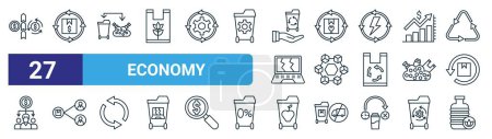set of 27 outline web economy icons such as circular economy, resale, waste management, remanufacturing, modular, sharing, food waste, compost vector thin line icons for web design, mobile app.