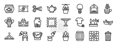 set of 24 outline web upcycling icons such as aquarium, pillows, cutting, teapot, hanging, lamp, bird feeder vector icons for report, presentation, diagram, web design, mobile app
