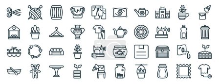 set of 40 outline web upcycling icons such as knitting, bird feeder, tray, boat, bottle, painting, pillows icons for report, presentation, diagram, web design, mobile app